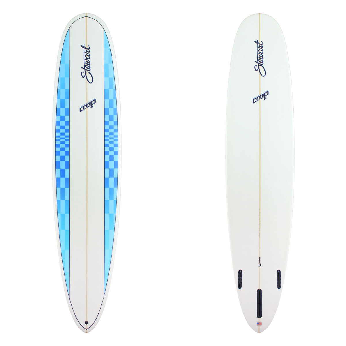 Stewart Longboard 8'6" CMP (8'6", 22 1/4", 2 5/8") B#130052 Blue and Light Blue Checkered rail lines. Clear center top deck. Clear bottom and rails. Blue and black Stewart and CMP Logos. Sand Only
