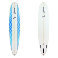 Stewart Longboard 8'6" CMP (8'6", 22 1/4", 2 5/8") B#130052 Blue and Light Blue Checkered rail lines. Clear center top deck. Clear bottom and rails. Blue and black Stewart and CMP Logos. Sand Only