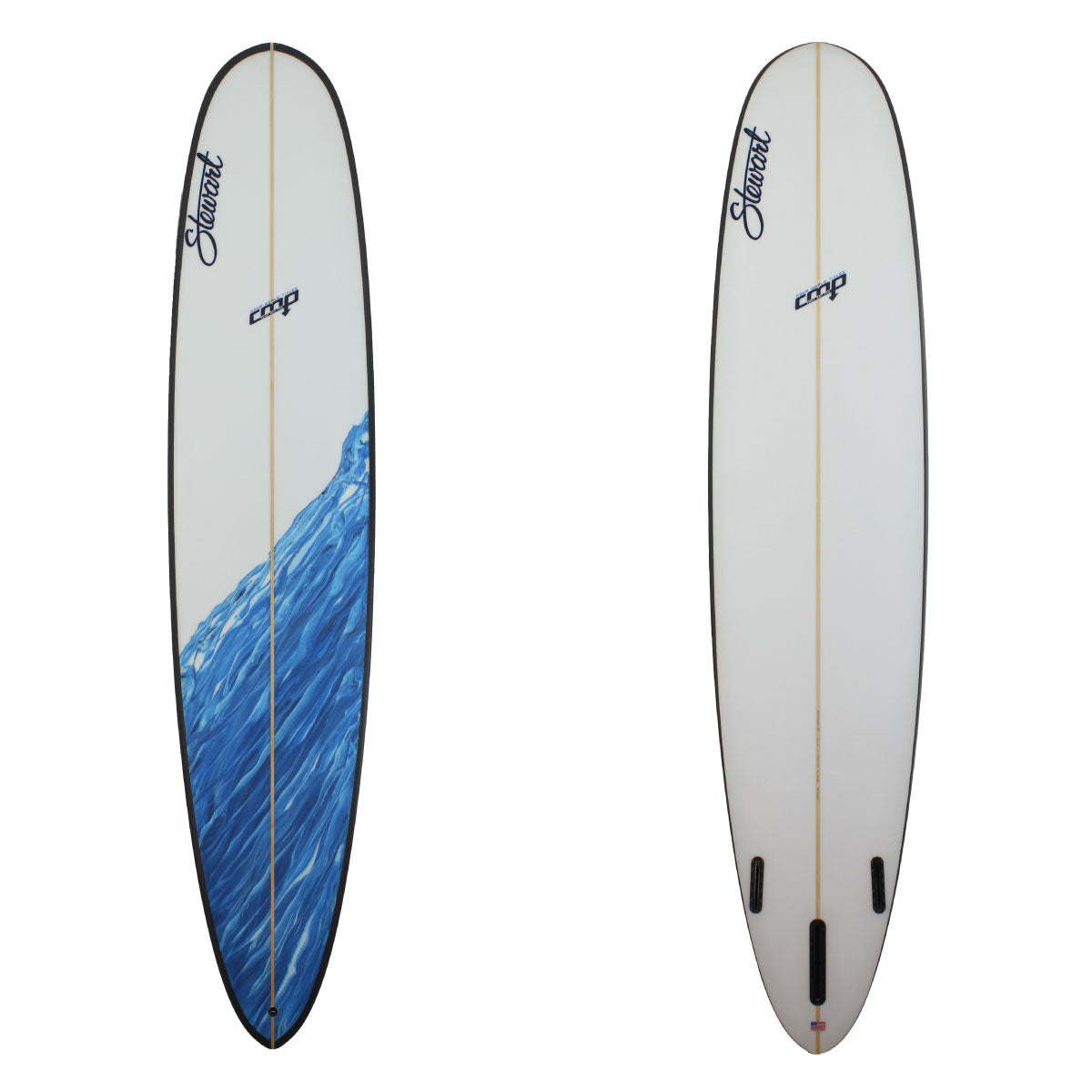 Deck and bottom view of a CMP model surfboard with black rails, blue paint across the lower half of the deck diagonally; the art looks like a wave. Sand finish all around.