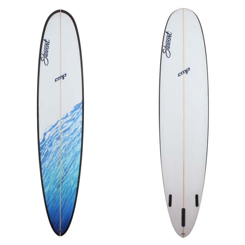 Deck and bottom view of a stewart CMP longboard with black rails and a white and blue paint drip on the bottom half of the board on the deck sand finish 