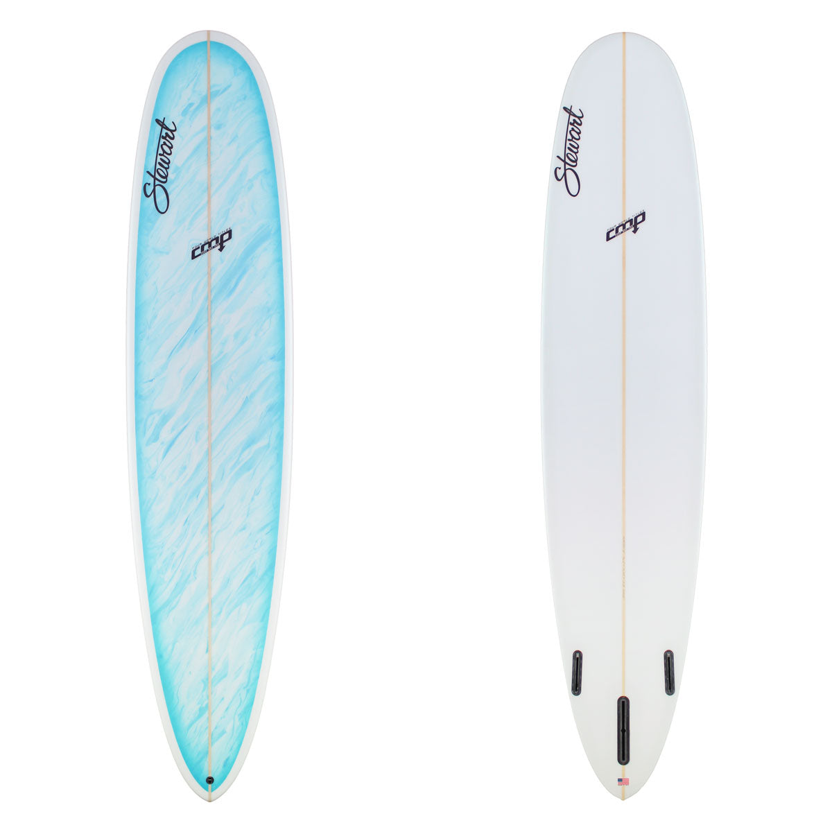 Stewart Longboard 8'6" CMP (8'6", 22 1/4", 2 5/8") B#129272 with a blue and white acid splash panel on the deck.