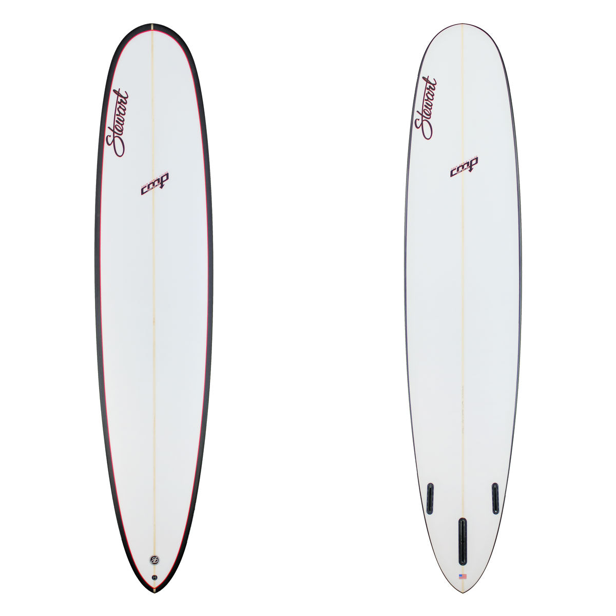 Two views of a surfboard with branding on a white background