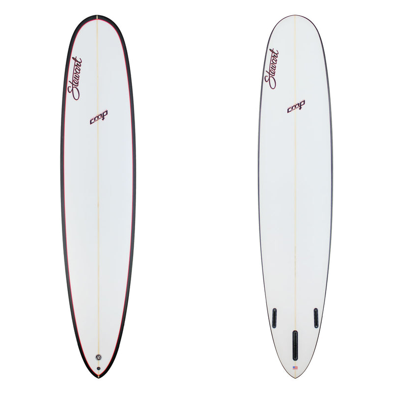 Two views of a surfboard with branding on a white background