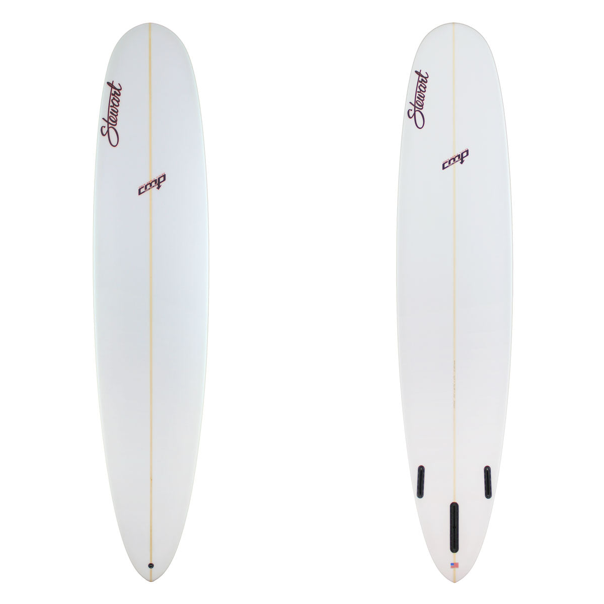 Two white surfboards with branding on a white background