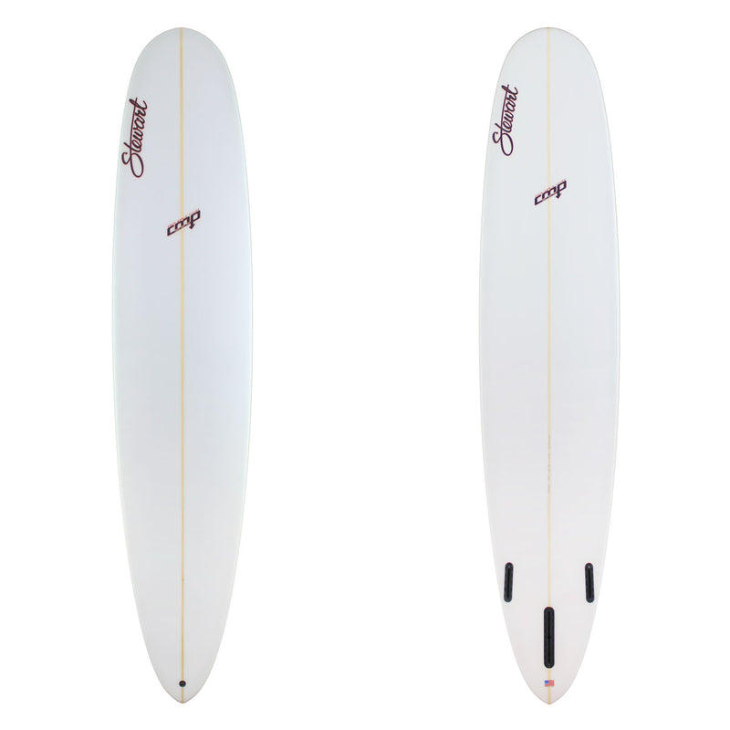 Two white surfboards with branding on a white background