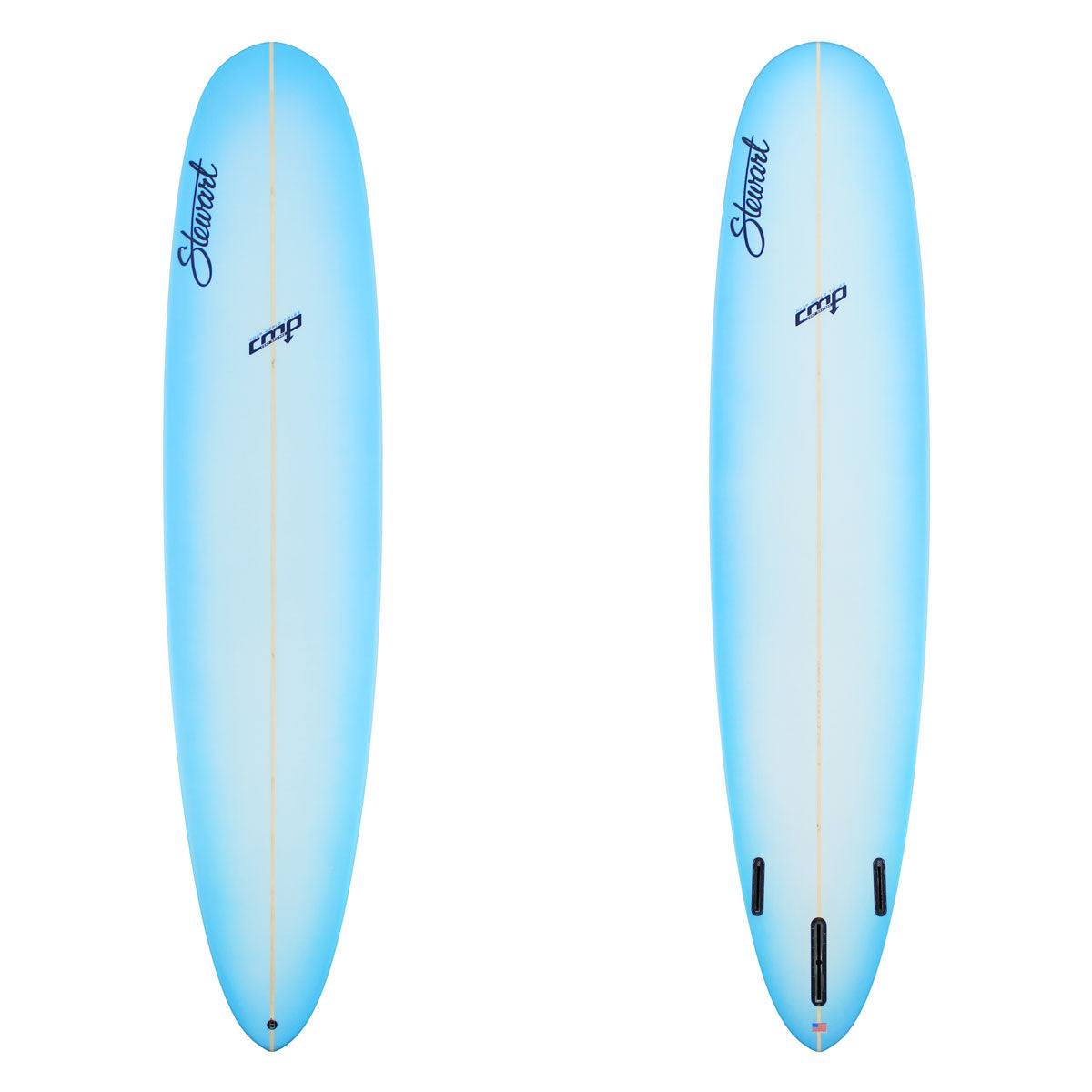 Two blue surfboards with a gradient effect on a white background