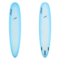 Two blue surfboards with a gradient effect on a white background