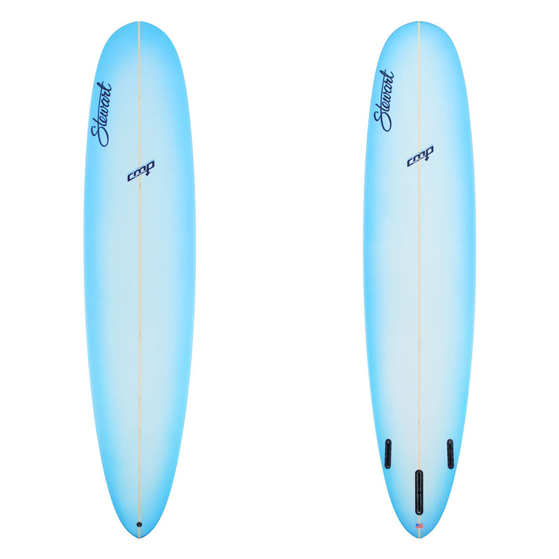 Two blue surfboards with a gradient effect on a white background