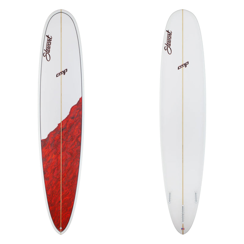 Two views of a surfboard with red and white design on a white background