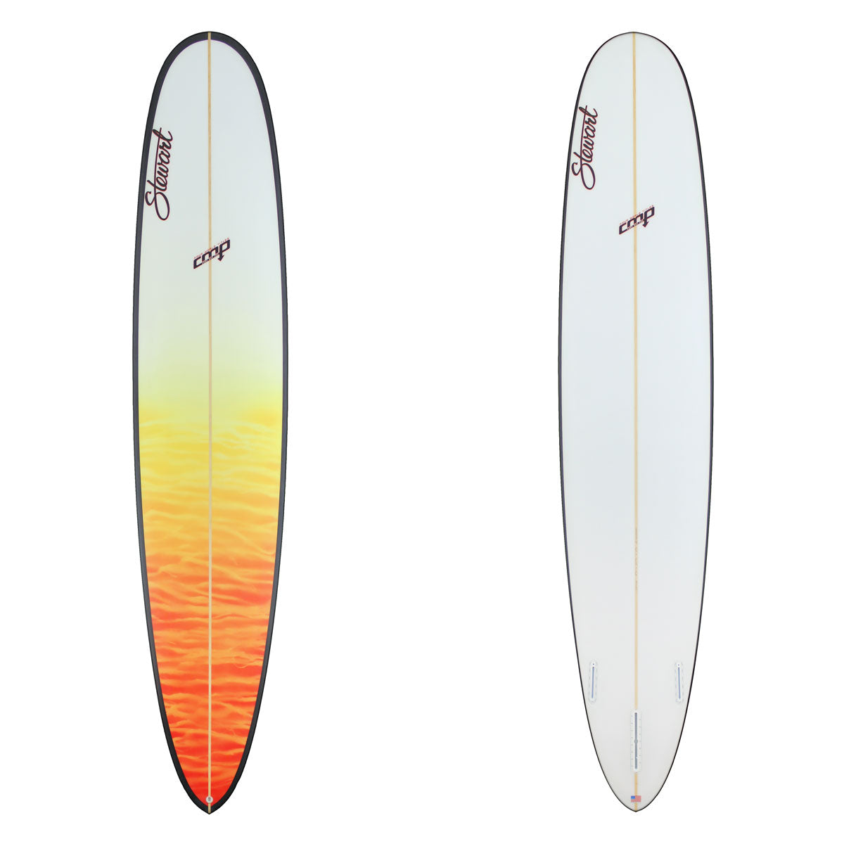 Stewart Longboard 9'2" CMP (9'2", 22 3/4", 2 3/4") B#129778 with a red and yellow sunset fade on the deck with back rails