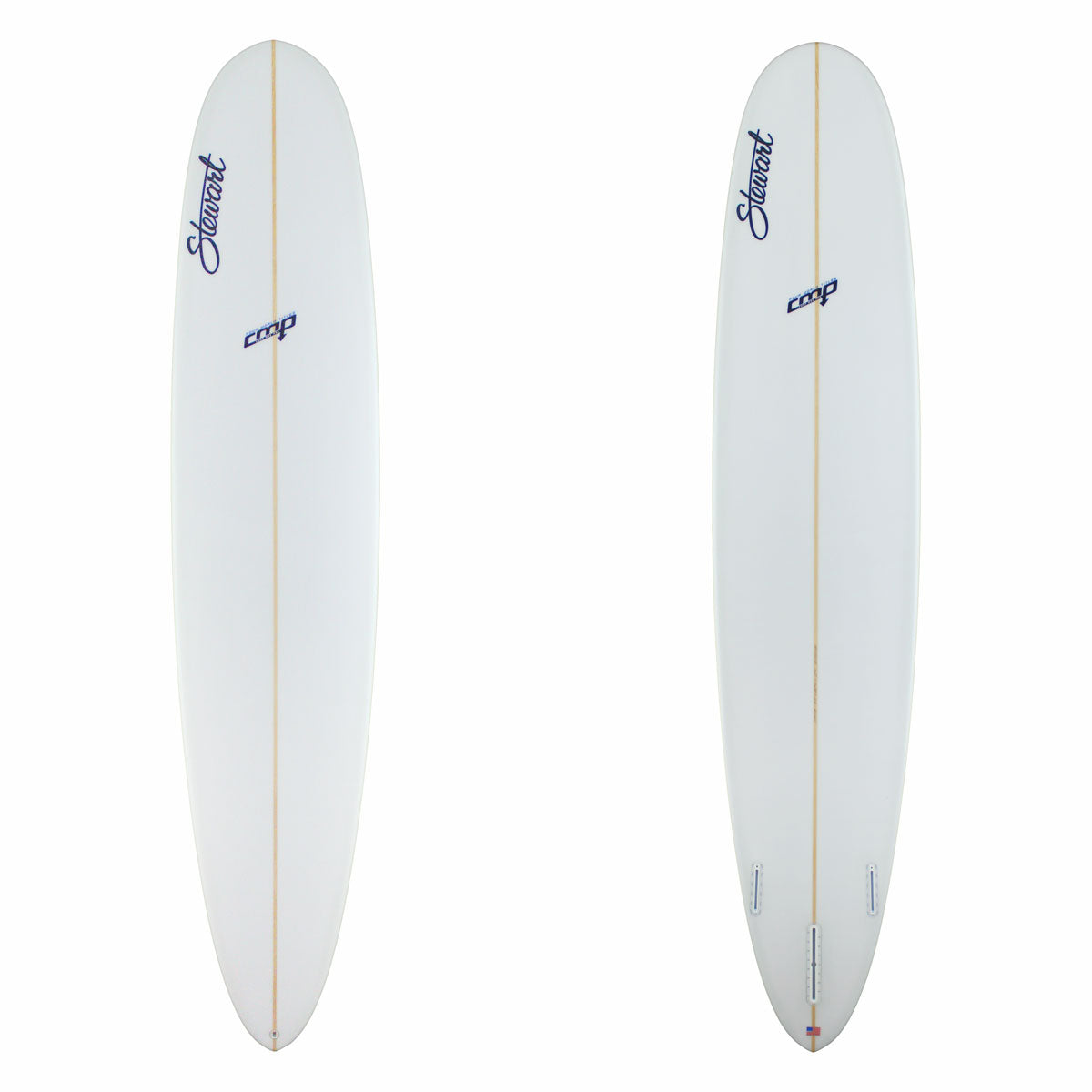Two white surfboards with branding on a white background