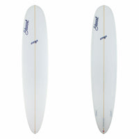 Two white surfboards with branding on a white background