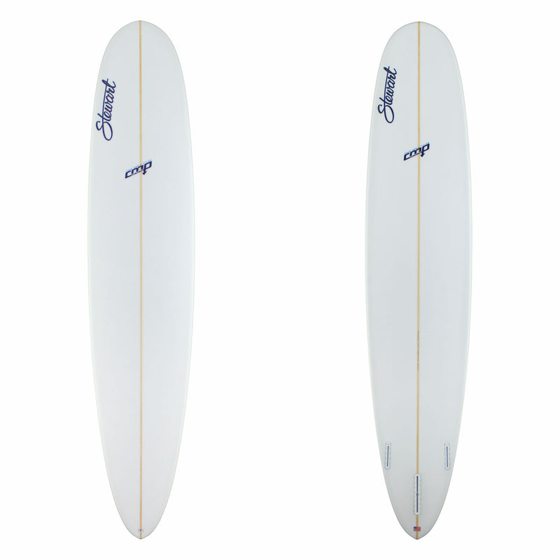 Two white surfboards with branding on a white background