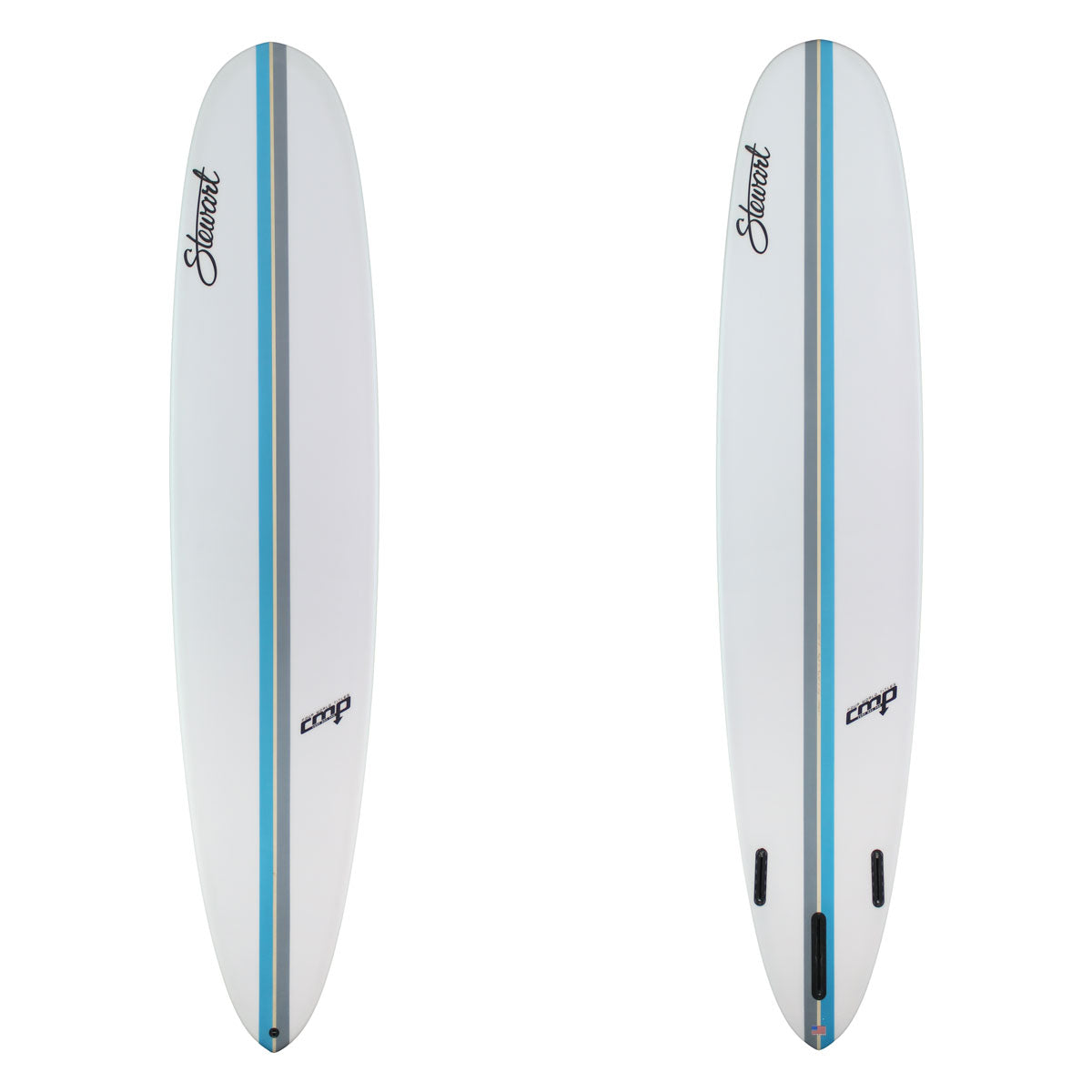 Two white surfboards with blue stripes and branding on a white background