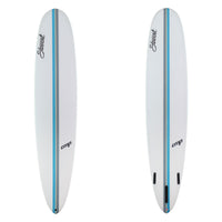 Two white surfboards with blue stripes and branding on a white background