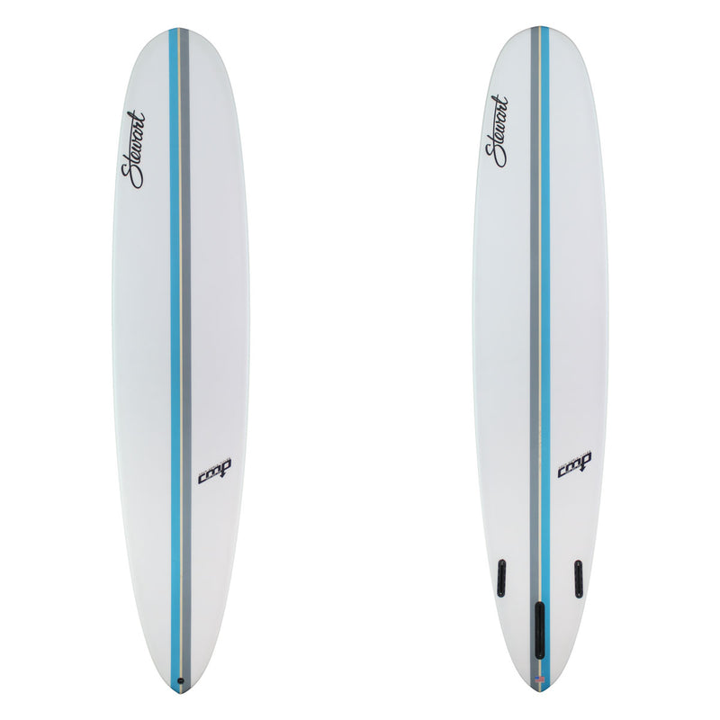Two white surfboards with blue stripes and branding on a white background