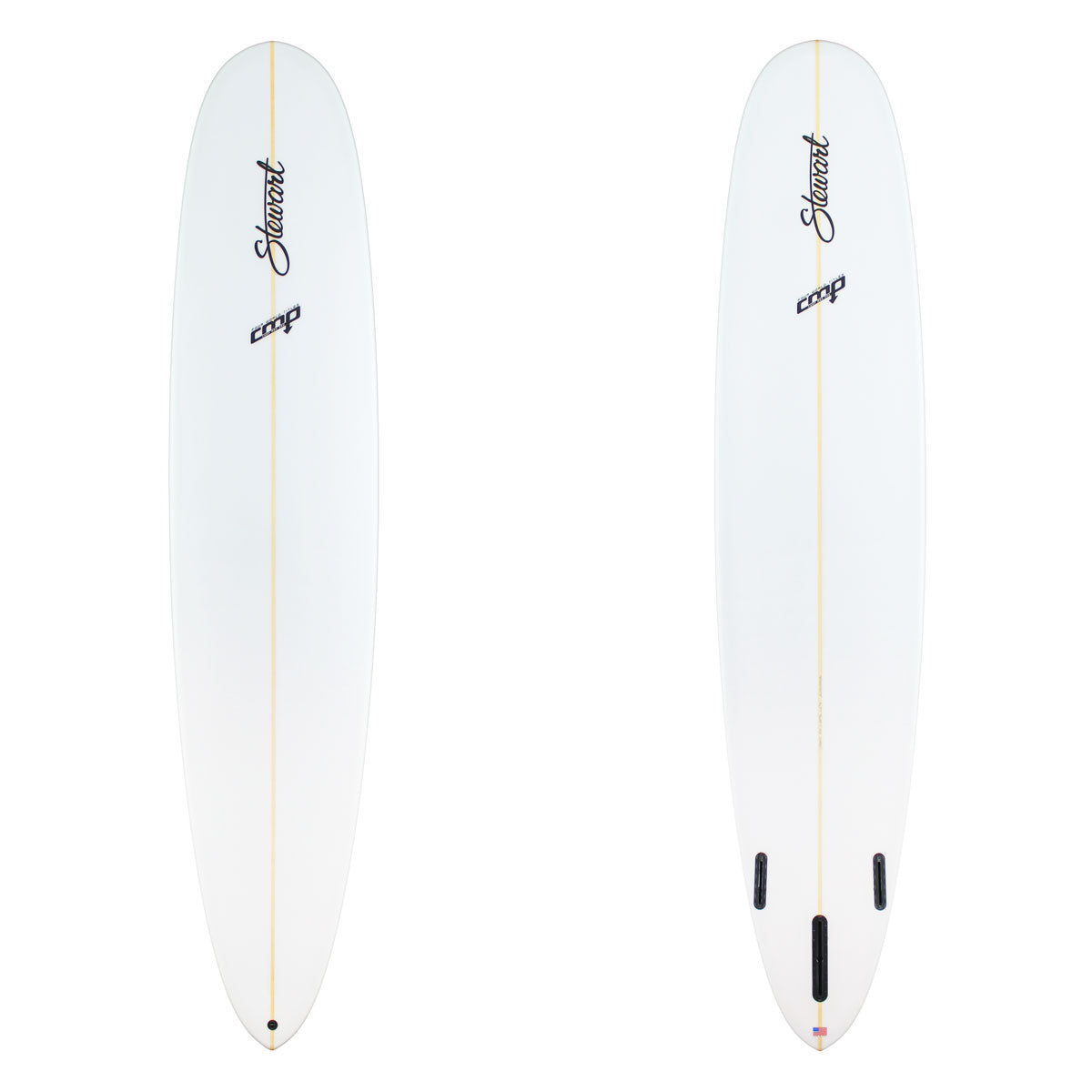 Two images of a white surfboard with black branding