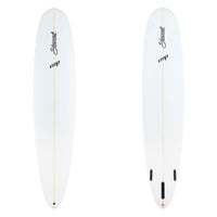 Two images of a white surfboard with black branding