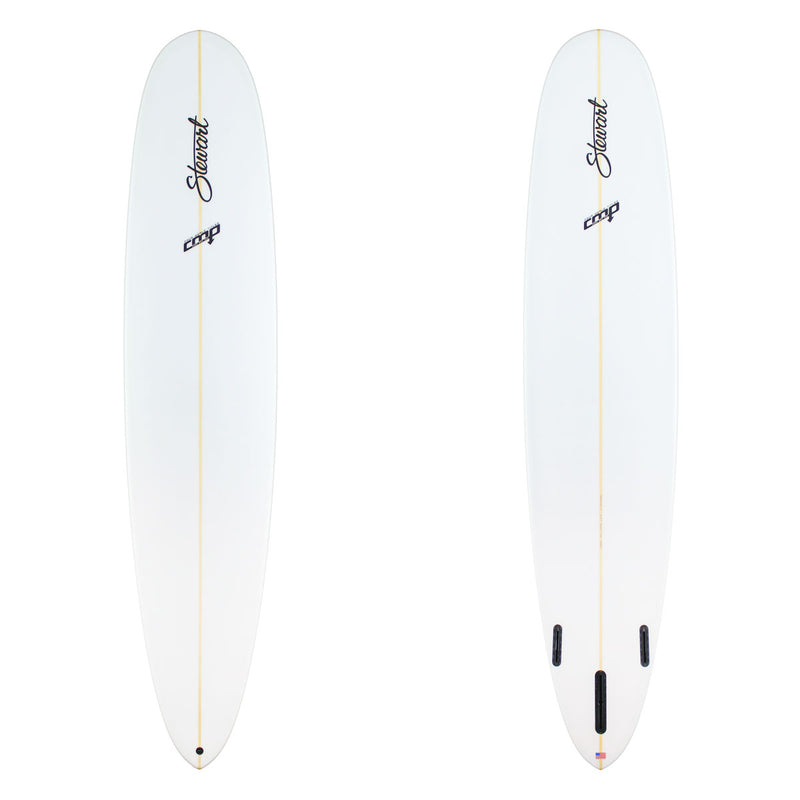 Two images of a white surfboard with black branding