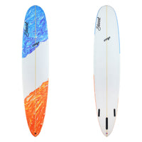 two surfboard images with a blue and orange abstract on the deck and clear bottom.