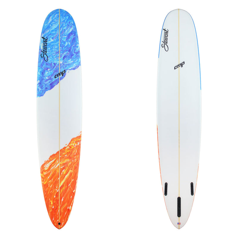two surfboard images with a blue and orange abstract on the deck and clear bottom.
