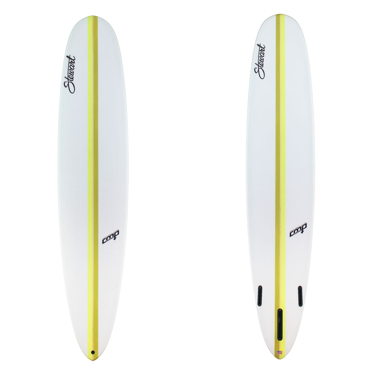 White surfboard with yellow accents and branding on a white background