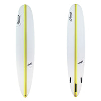 White surfboard with yellow accents and branding on a white background
