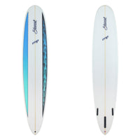 Two surfboards, one with a blue and white design and the other plain white, on a white background.