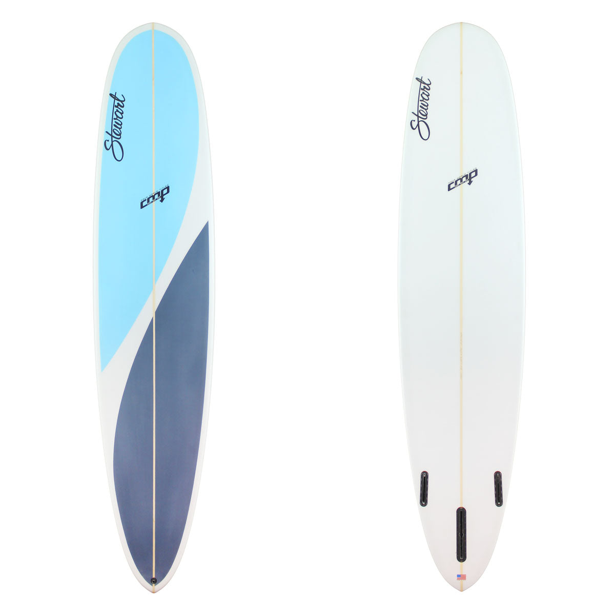 Deck and Bottom View of a Stewart CMP Model Longboard with two different shades of blue on the deck 