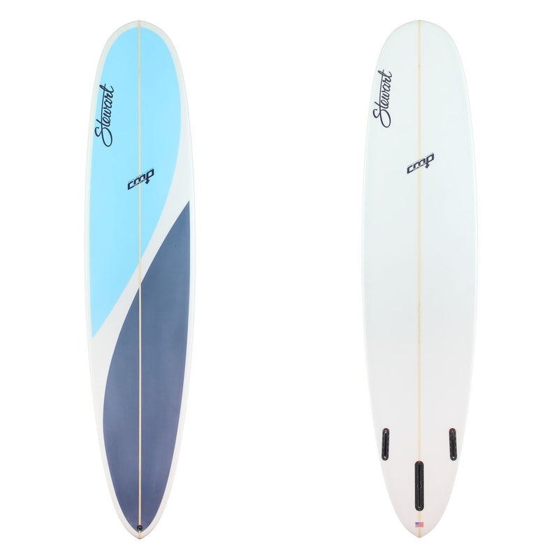 Deck and Bottom View of a Stewart CMP Model Longboard with two different shades of blue on the deck 
