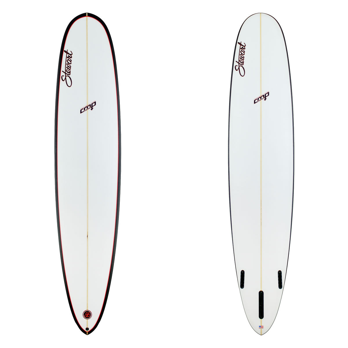 Stewart Longboard 9'0" CMP (9'0", 22 5/8", 2 5/8") B#130030 Clear with Black Rails and Red Pinlines Black and Red Logos
