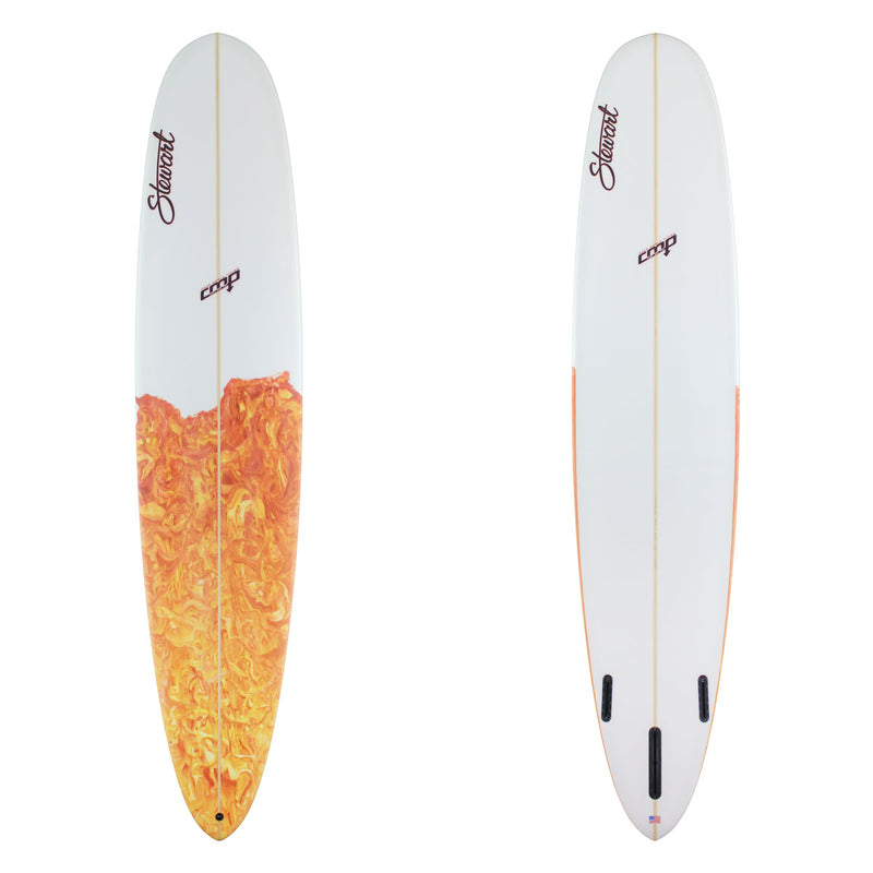 Stewart Longboard 9'0" CMP (9'0", 22 5/8", 2 5/8") B#130032 with a red and yellow acid splash tail dip on the deck