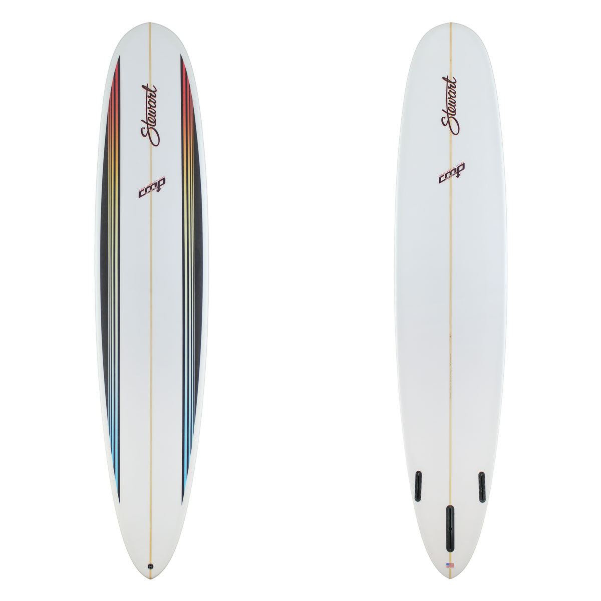 Stewart Longboard 9'2" CMP (9'2", 22 3/4", 2 3/4") B#130040 Clear with Black pinlinees and blue to red gradient pinlines black and red logos