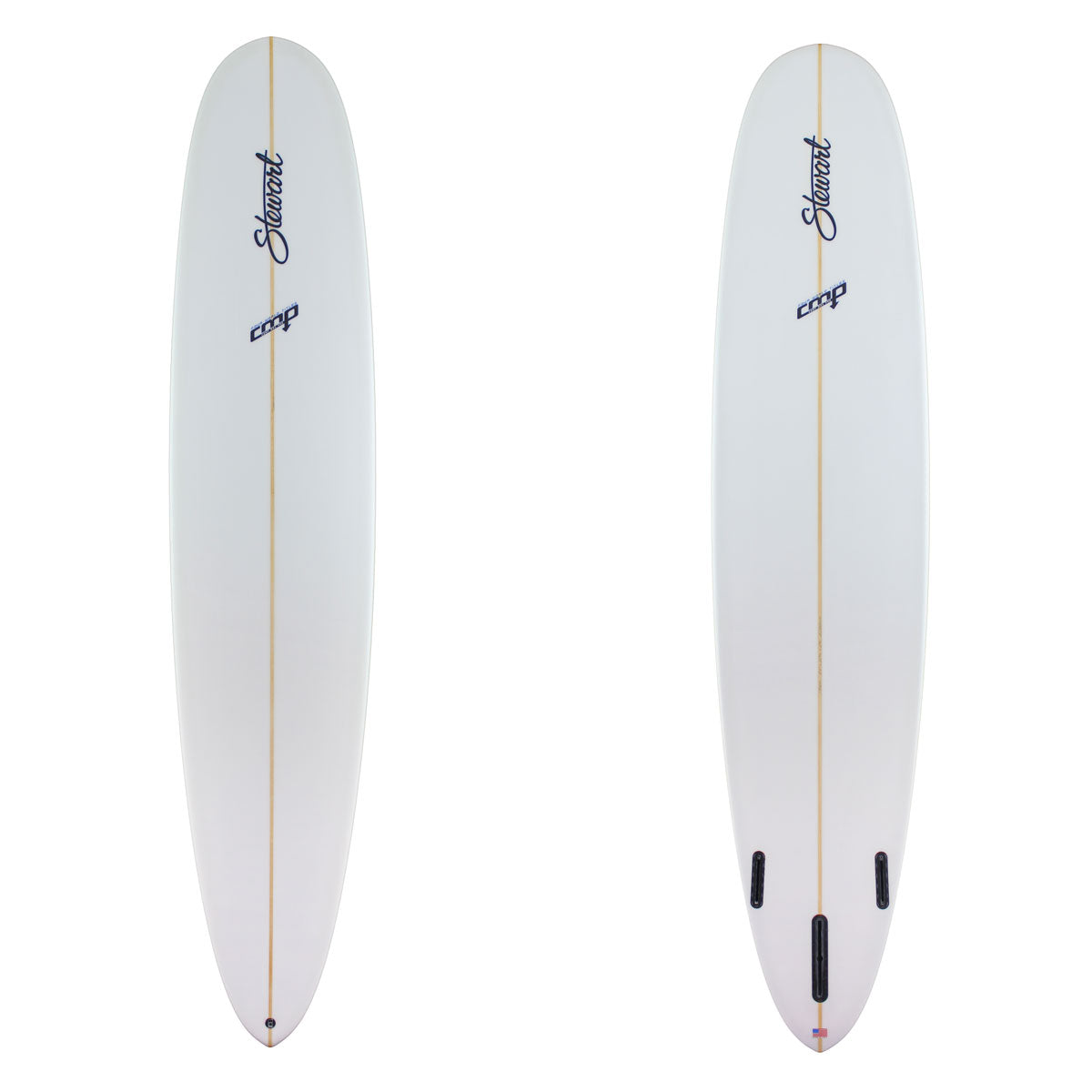 Deck and bottom view of a clear Stewart CMP Longboard