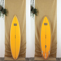 Deck and Bottom View of Evolution Gun shortboard thats yellow with blue stripes on the rails with a sand finish 