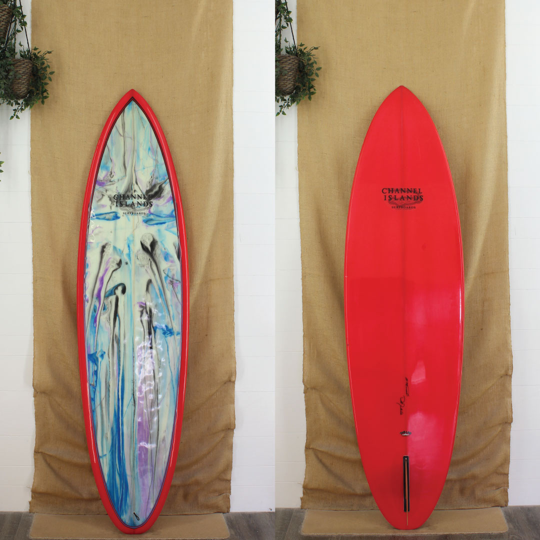 USED Channel Islands Mid Length Poly 7'0" x 21 1/2" x 3 1/8" Deck and Bottom View of a used channel islands single fin with a blue black and purple resin swirl on the deck and red rails and bottom resin tint gloss and polish finish 