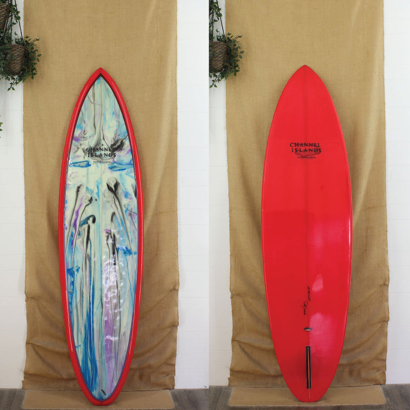 Deck and Bottom View of a used channel islands single fin with a blue black and purple resin swirl on the deck and red rails and bottom resin tint gloss and polish finish 