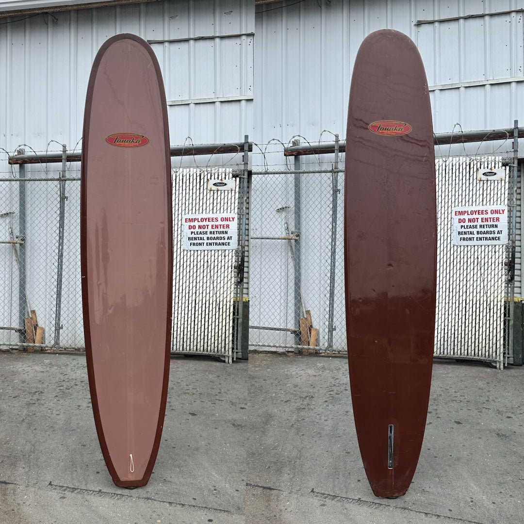 Deck and Bottom View of a Tanka long board with brown paint and gloss and polish finish 