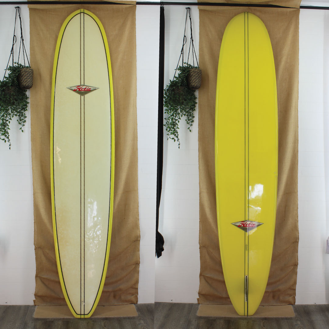 deck and bottom of hobie longboard with yellow resin on bottom