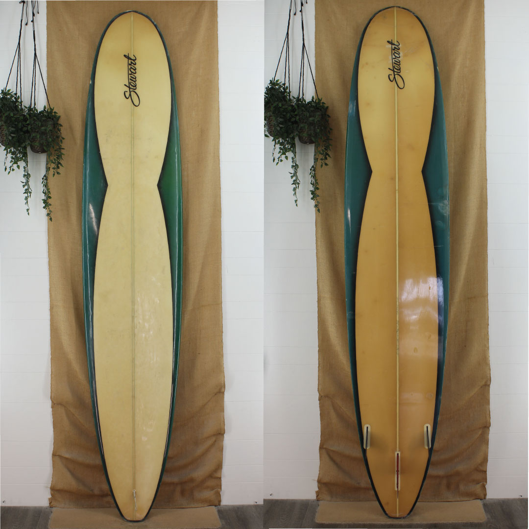 Deck and bottom view of a Stewart hydrohull with blue/green airbrushed rails. Two plus one fin set up 