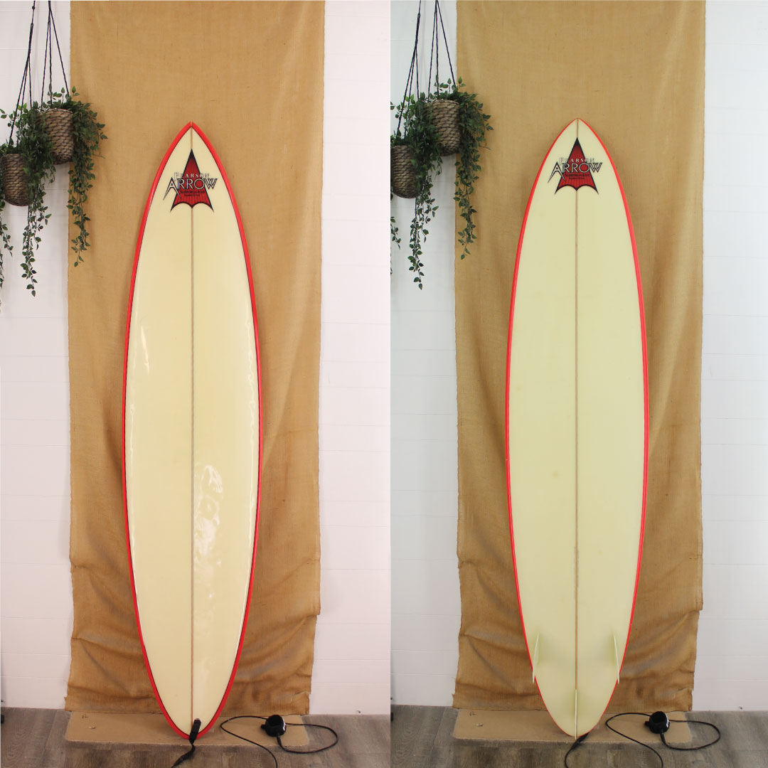 USED Pearson Arrow Midlength Surfboard with red rails 