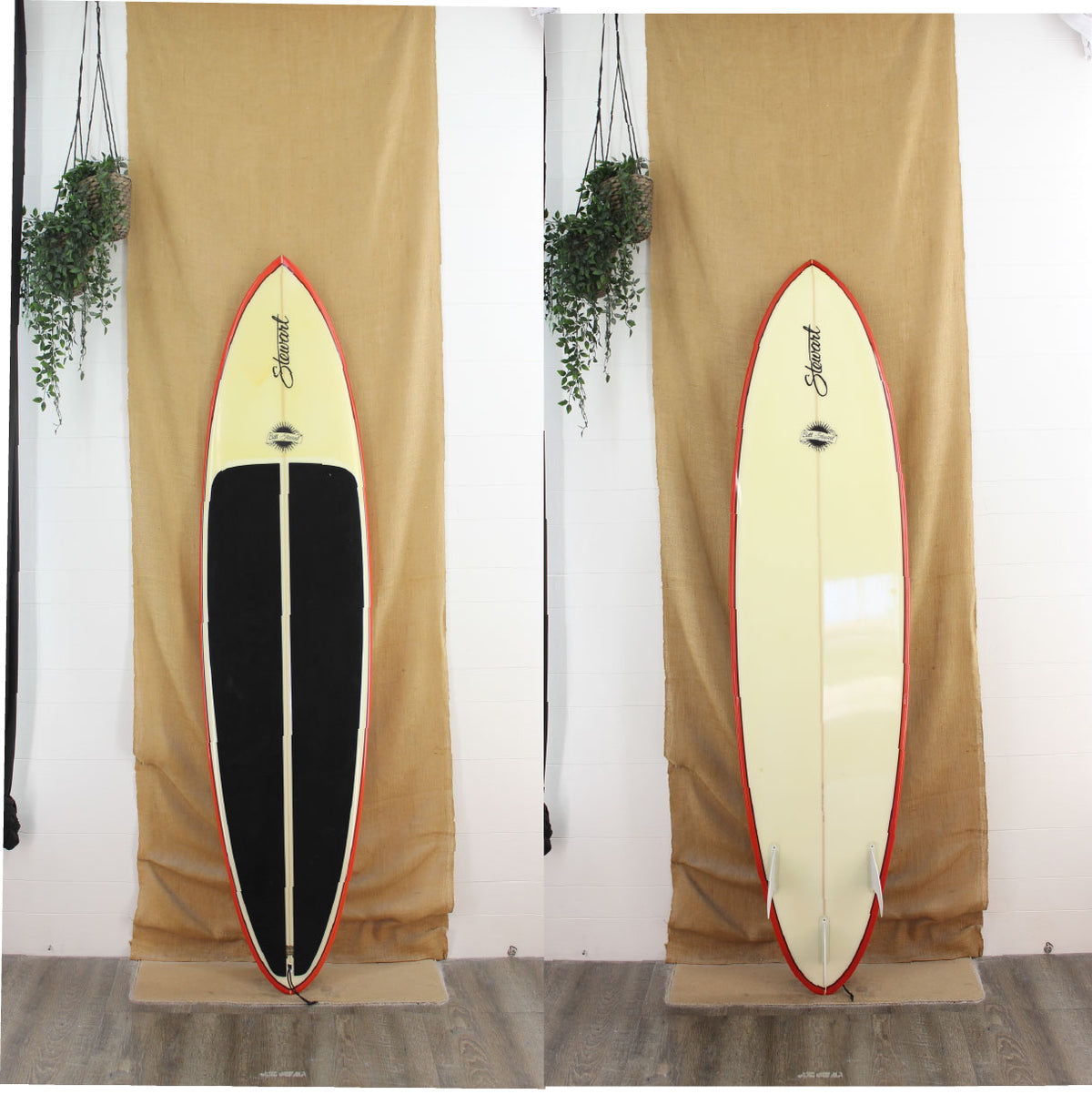 USED Stewart 7'2" x 21" x 2 3/4" with red rails and a black deck path