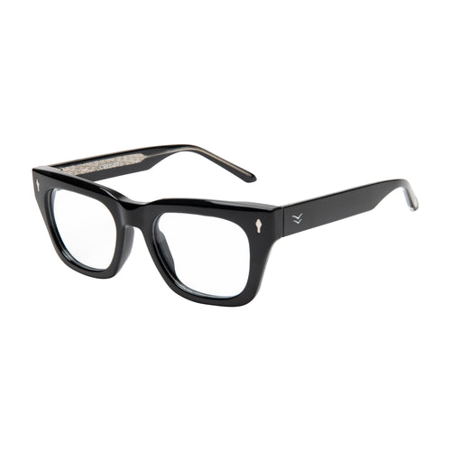 Black eyeglasses with a brand logo on a white background