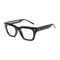 Black eyeglasses with a brand logo on a white background