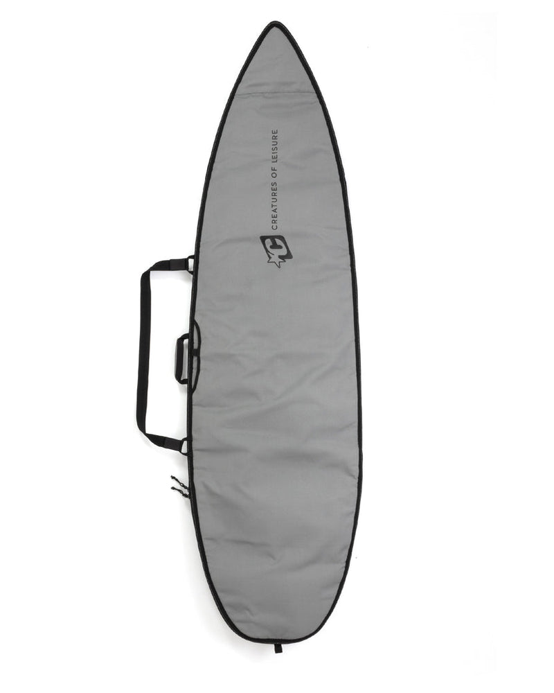 Gray surfboard bag with a handle on a white background