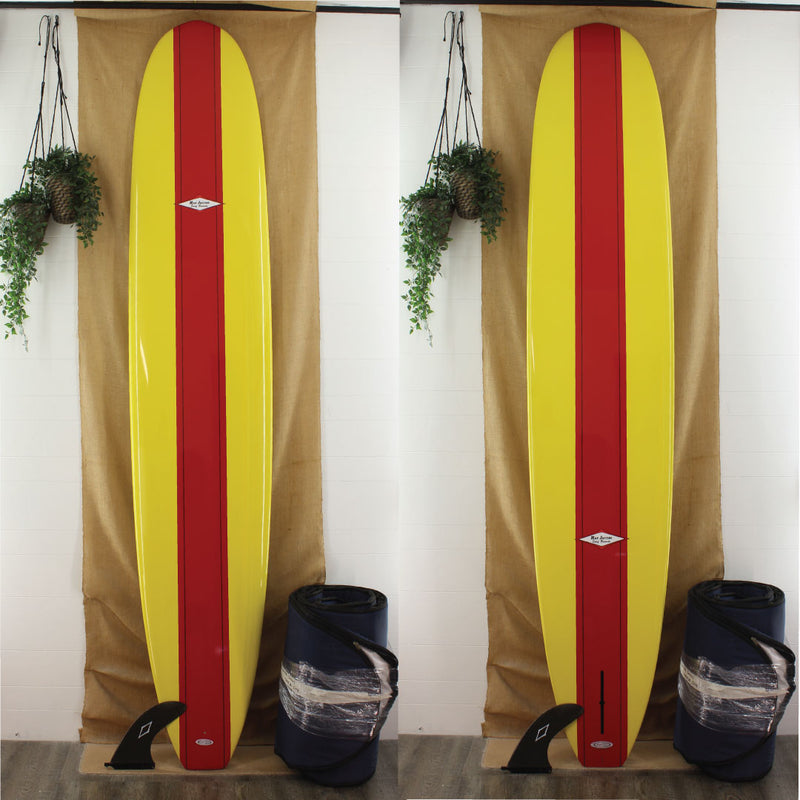 Jacobs Tuflie longboard with yellow rail panels and red stripe in the middle 