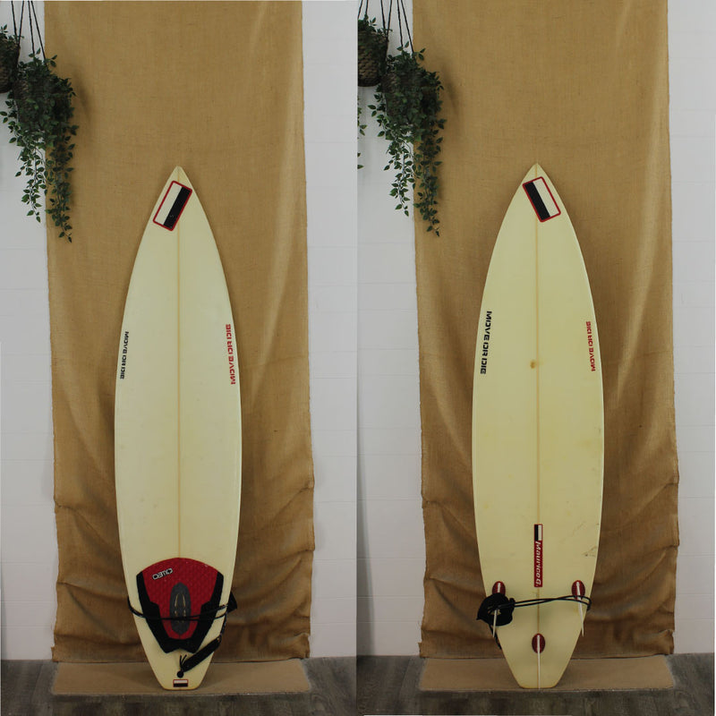 CLEAR POLY USED SHORTBOARD WITH FINS AND RED TRACTION PAD