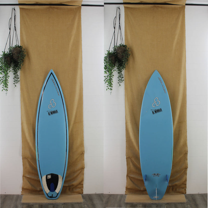 blue top and bottom channel islands surftech shortboard 