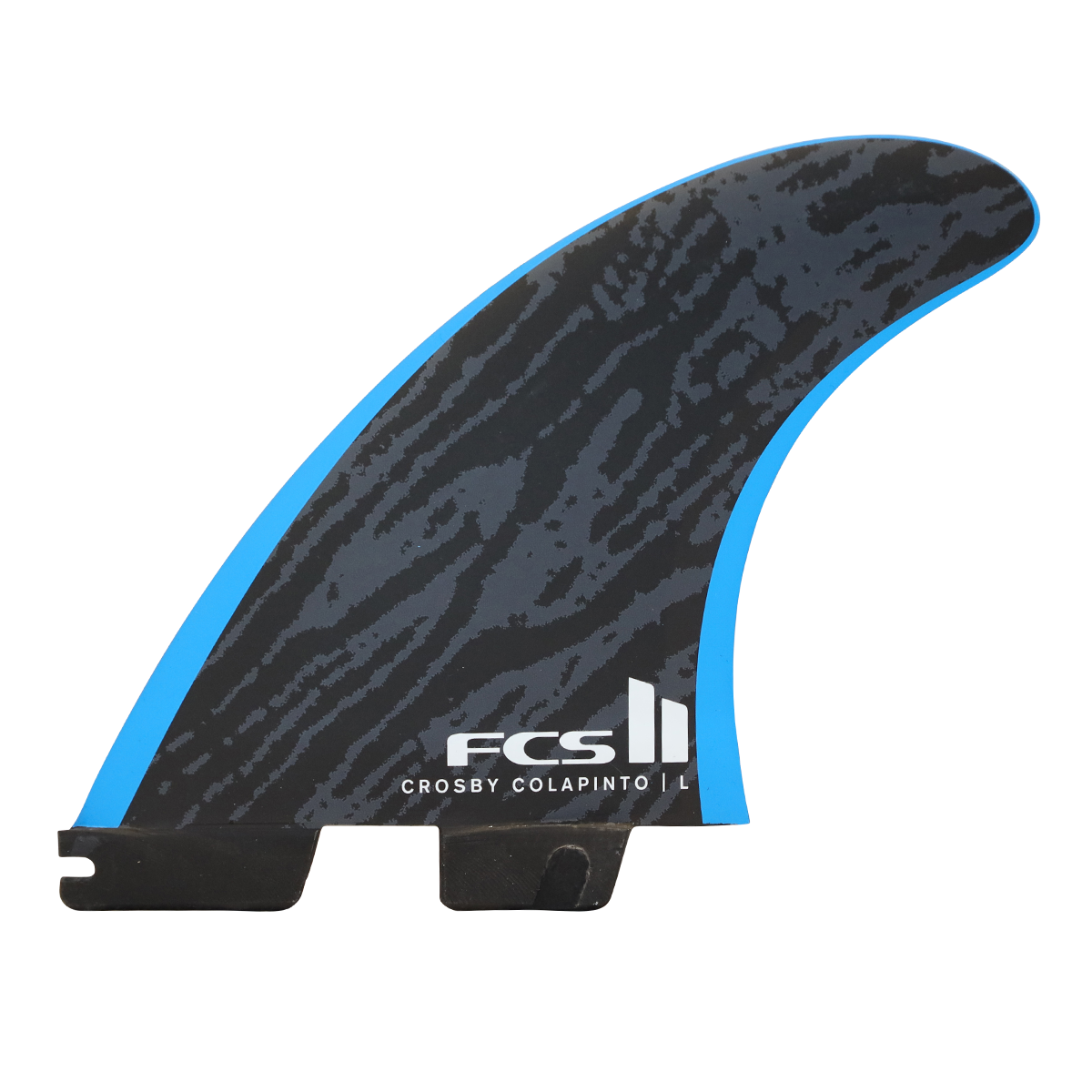 Black and blue surfboard fin with FCS logo on a white background