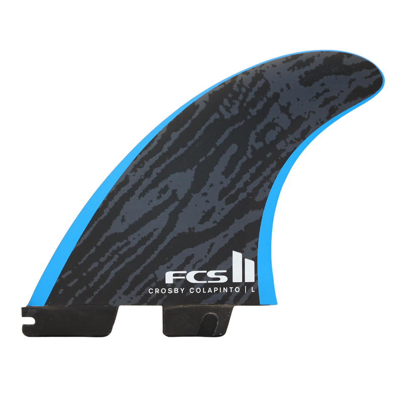 Black and blue surfboard fin with FCS logo on a white background